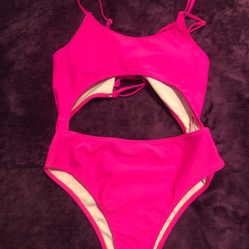 Scoop neck,cut out front,lace up back, swimsuit